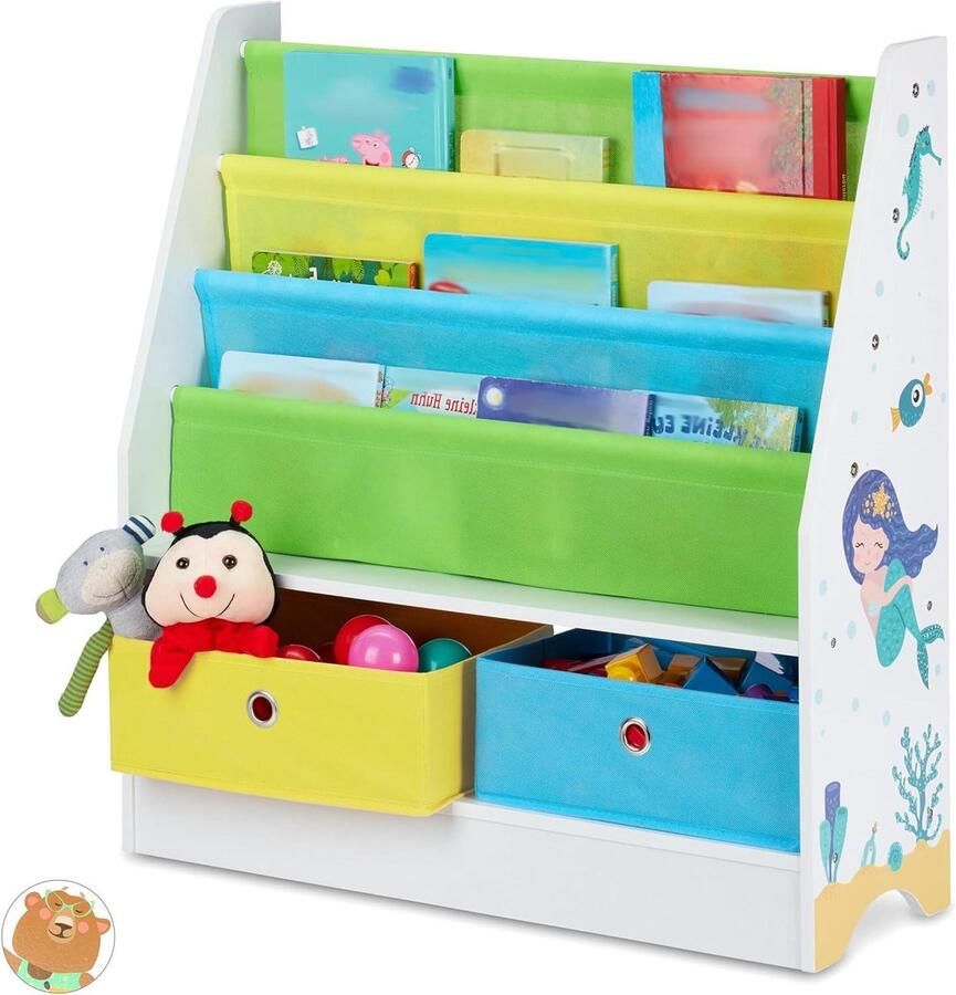 Kinderkast zeemeermin 2 boxen 3 vakken speelgoedkast boekenkast kinderkamer HBD 74x71x23 cm gekleurd
