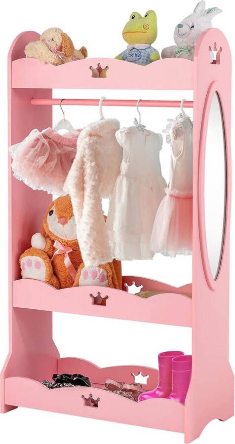 Kinderkledingkast met spiegel en kledingstang 3 niveaus houten kinderkast voor kinderen van 3 tot 7 jaar oud 62 x 34 x 116 cm roze