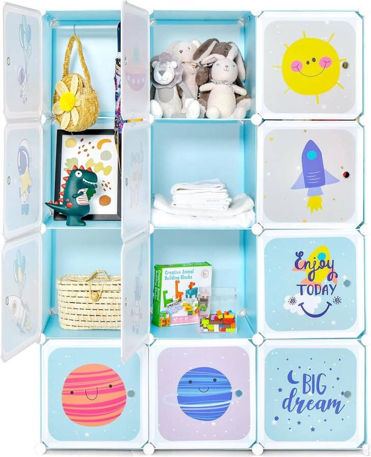 Kinderkledingkast reksysteem van kunststof met 12 kubussen kinderrek uitbreidbaar met deuren en 2 hangers schattig voor kinderkamer speelkamer
