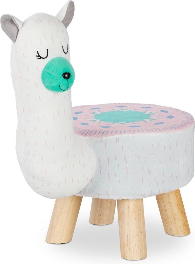 Relaxdays kinderkrukje lama met bekleding poef op poten jongens meisjes kinderkamer wit lama