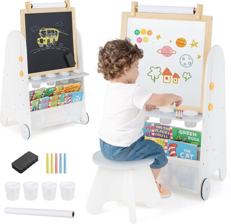 Kinderkunst-Ezel met Kruk 4-In-1 Activiteitentafel met Magnetisch Bord Krijtbord Boekenplanken Papierrol voor Kinderen 3+