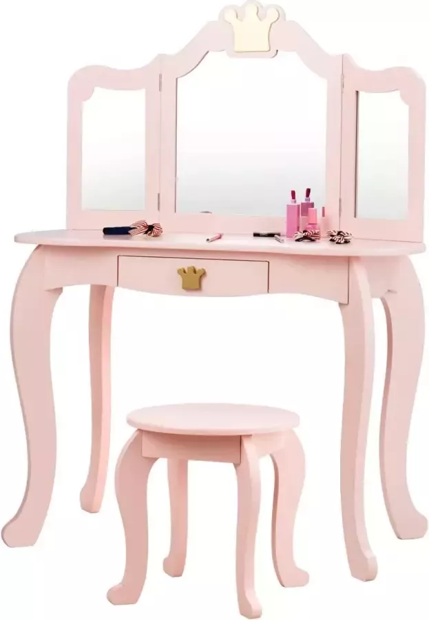 Kindermake-uptafel met kruk en afneembare spiegel meisjes kaptafel hout kindertafel met lade spiegeltafel 80 x 42 x 105 cm (roze)