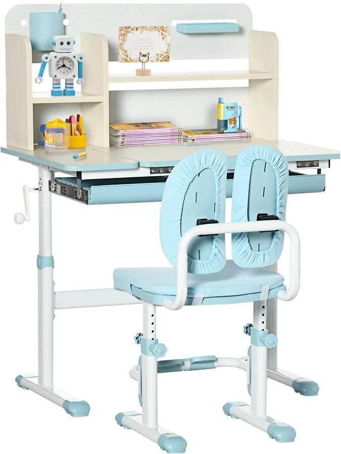 Kindermeubelset Kindertafel Kinderstoel Kinderbureau Kinder Bureau & Stoel Set Studie Tafel & Stoel Hoogter Verstelbar voor Kinderen 3-12 jaar oud PP MDF Staal Polyester Schuim 80 x 52 x 88-109 cm Blauw