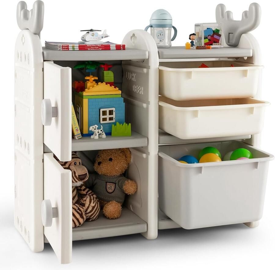 Kinderplank Speelgoedplank met 3 Opbergdozen & Boekenkast Speelgoed Opbergplank 78 x 32 x 78 cm Kinderkamerplank voor Jongens Meisjes (Hert)