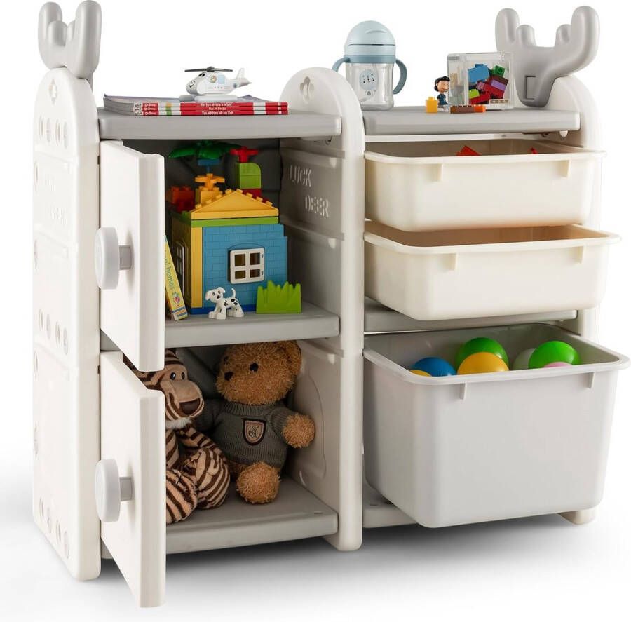 Kinderrek speelgoedrek met 4 opbergdozen en boekenkast speelgoedopbergrek 78 x 32 x 78 cm kinderkamerrek voor jongens meisjes