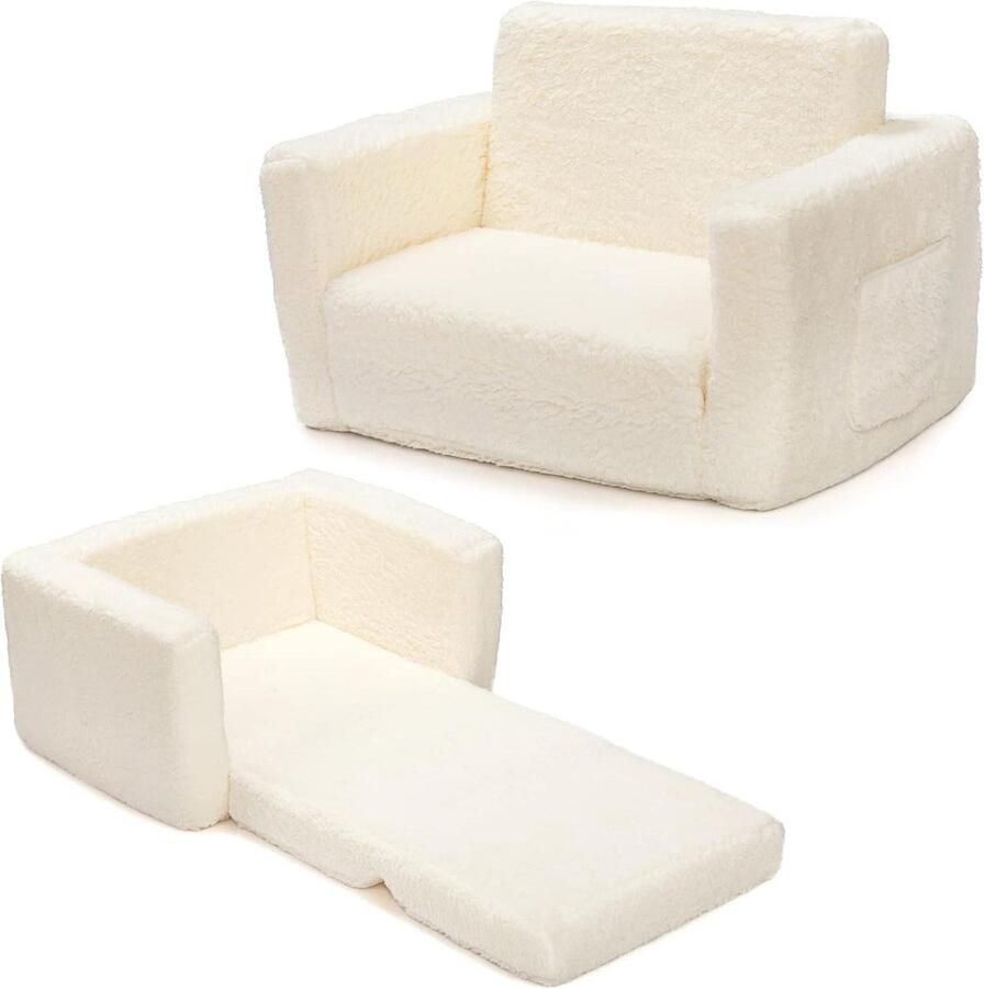 Kinderslaapbank 2-in-1 Knuffelige Sherpa Peuterbank Converteerbare Bank naar Ligstoel Kinderdag- en Verjaardagscadeau voor Meisjes Jongens Wit
