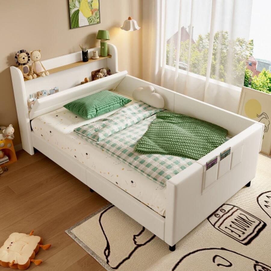 Learnlogic Kindersplitbed gestoffeerd bed slaapbank kindernachtkastje met klep aan de onderkant modern bedframe met opbergruimte 3 kleine opbergvakken PU+MDF+multiplex