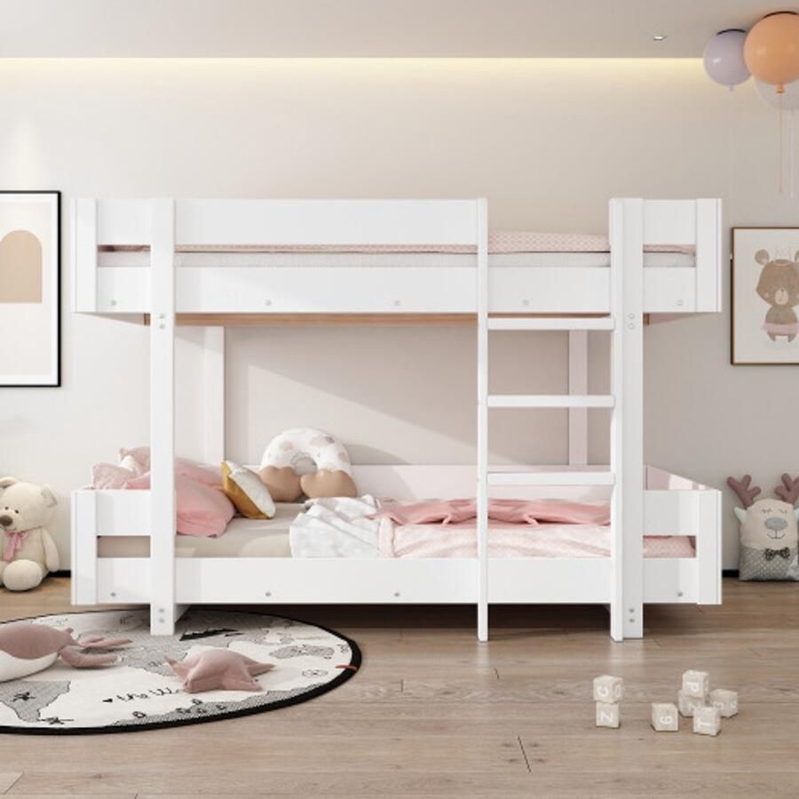 Kinderstapelbed tweepersoonsbed met trap eenvoudig design verstevigde leuning zonder matras 90*200cm wit