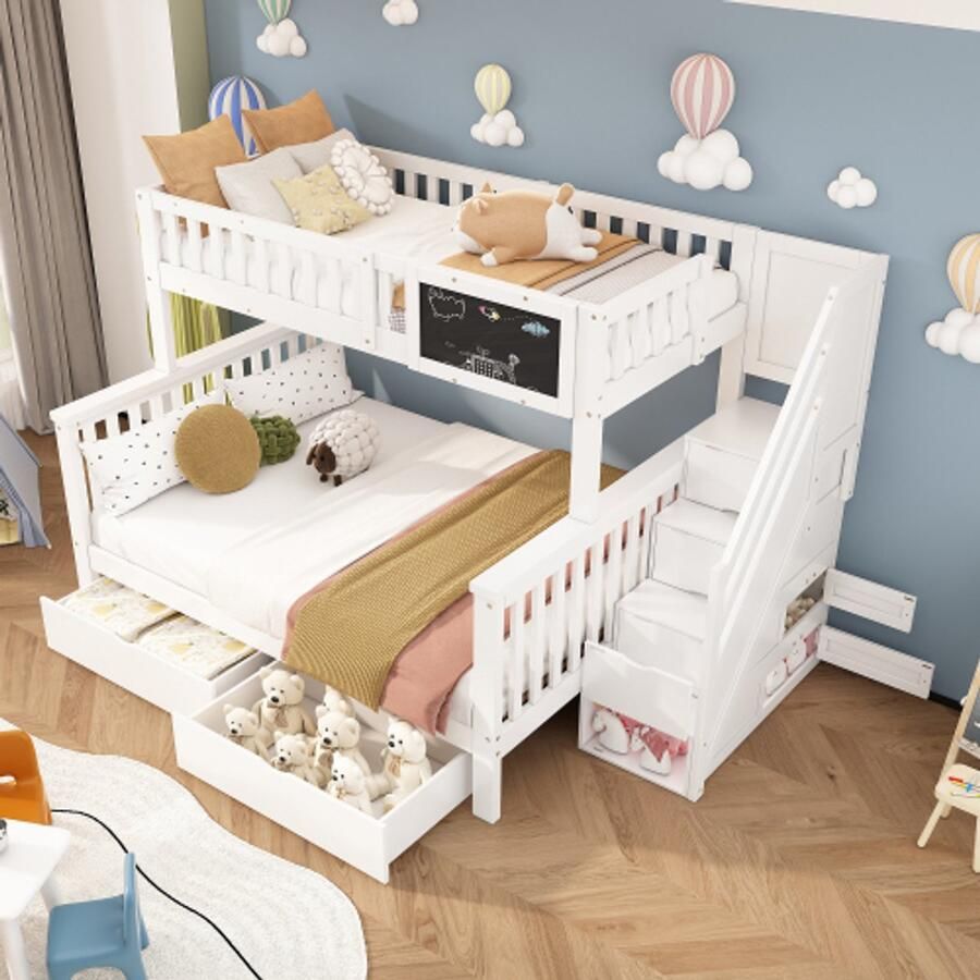 Kinderstapelbed tweepersoonsbed multifunctioneel kinderbed met krijtbord en lades zonder matras wit 90 x 200 + 140 x 200