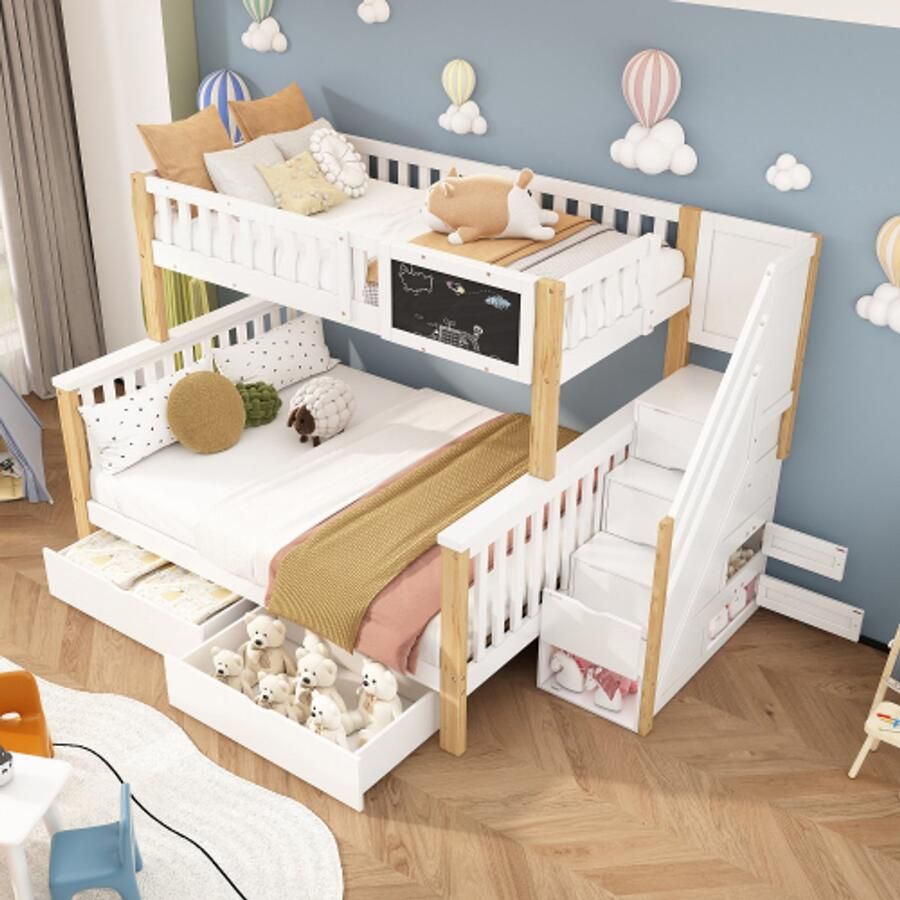 Kinderstapelbed tweepersoonsbed multifunctioneel kinderbed met krijtbord en lades zonder matras wit + licht eiken 90 x 200 + 140 x 200