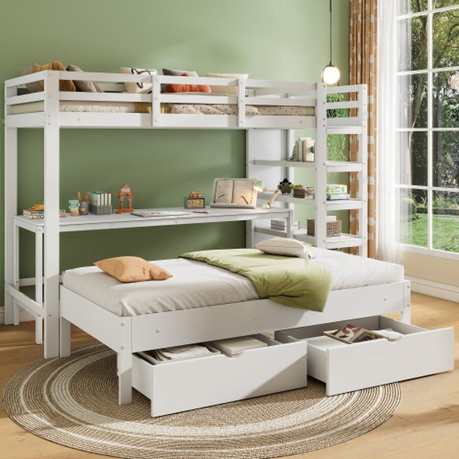 Kinderstapelbed tweepersoonsbed multifunctioneel kinderbed met ladder met tafel met opbergladen onder het bed met opbergplank zonder matras massief hout wit 90*200