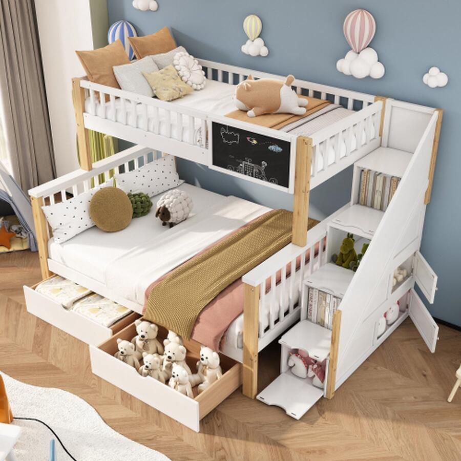 Kinderstapelbed tweepersoonsbed multifunctioneel kinderbed met plank en lades zonder matras wit+licht eiken 90*200 140*200