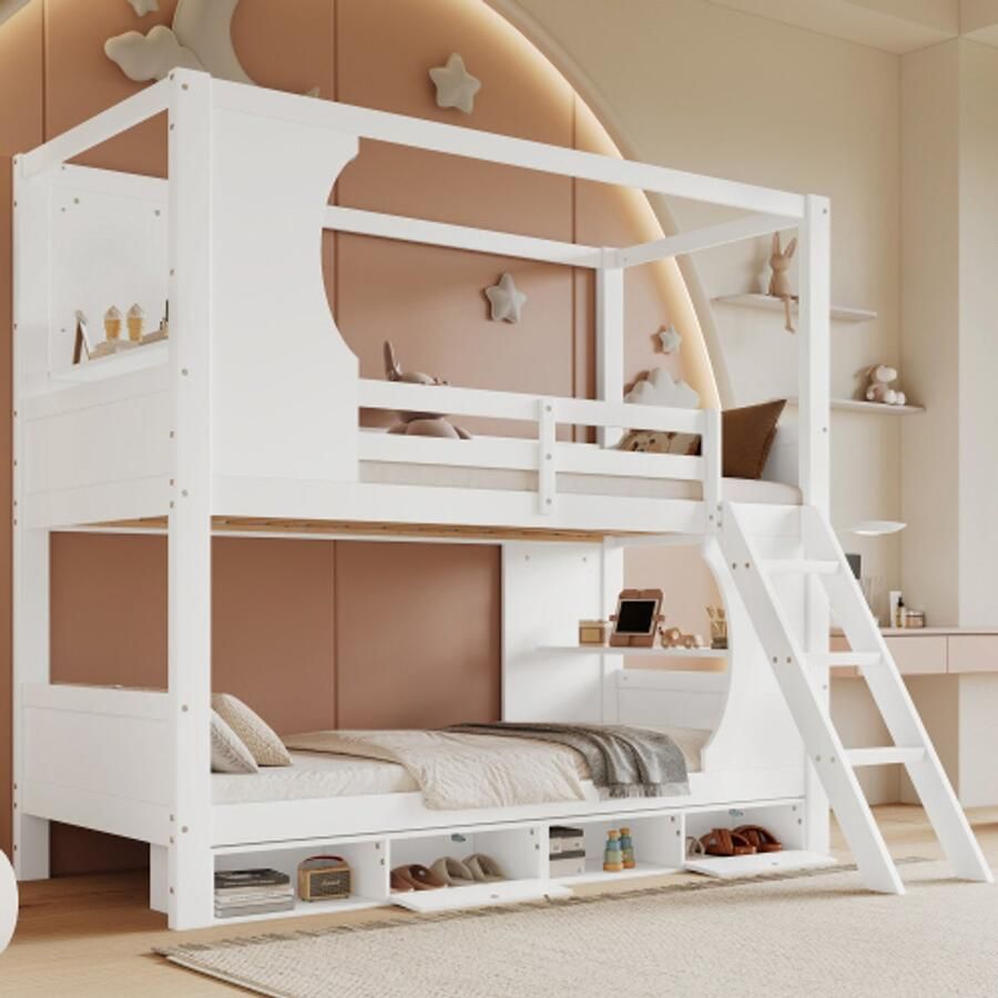 Kinderstapelbed tweepersoonsbed multifunctioneel kinderbed met planken met glijbaan zonder matras wit 90*200