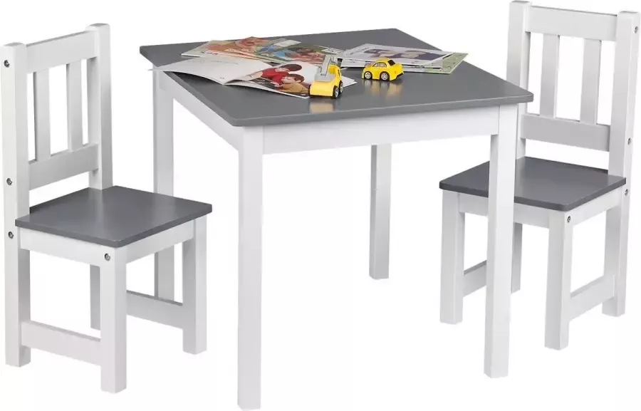 Kindertafel en 2 Stoeltjes Kindermeubel Tafel Tafeltje voor Peuter Kleuter & Kinderen Hout Grijs + Wit