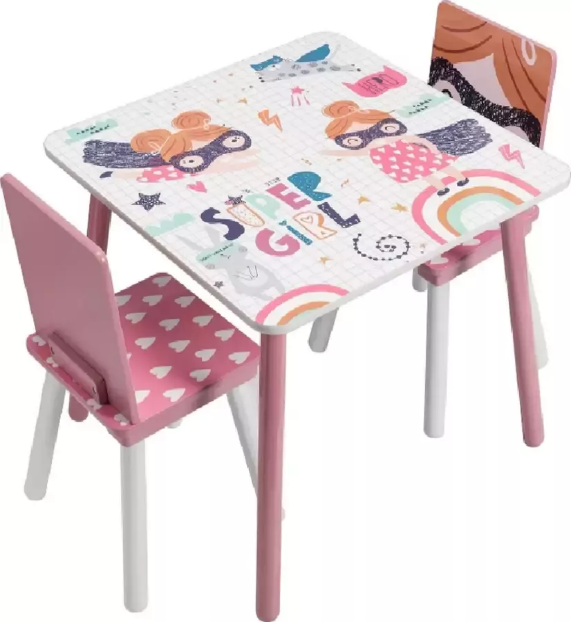 Kindertafel en 2 Stoeltjes Kindermeubels Tafel Tafeltje Voor Peuter Kleuter & Kinderen Hout Roze Super Held Print