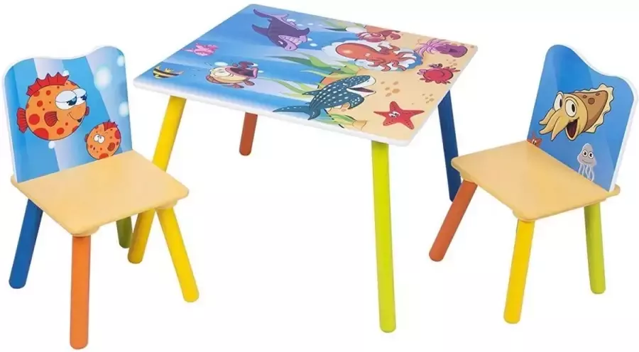 Kindertafel en 2 Stoeltjes Kindermeubels Tafel Tafeltje Voor Peuter Kleuter & Kinderen Hout Zeedieren