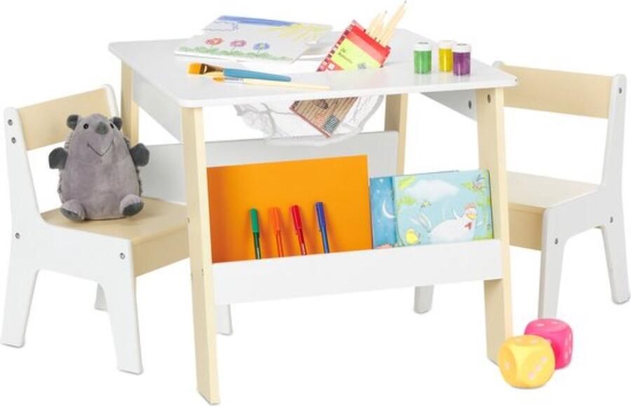 Kindertafel en 2 stoeltjes opbergruimte peuter speeltafel wit-beige