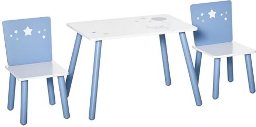 Kindertafel en Stoelen Set met Houten Benen en Veilige Hoeken Blauw en Wit