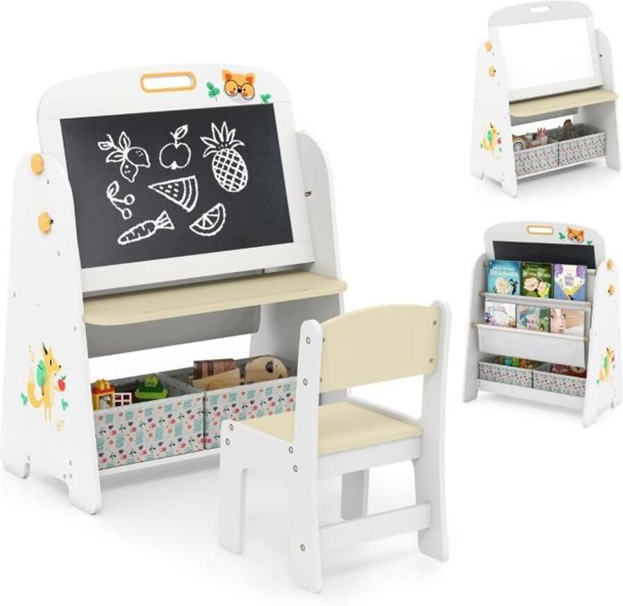 Kindertafel en Stoelenset 4-in-1 – Kunst-Ezel met Plank Magnetisch Whiteboard en Krijtbord grijs