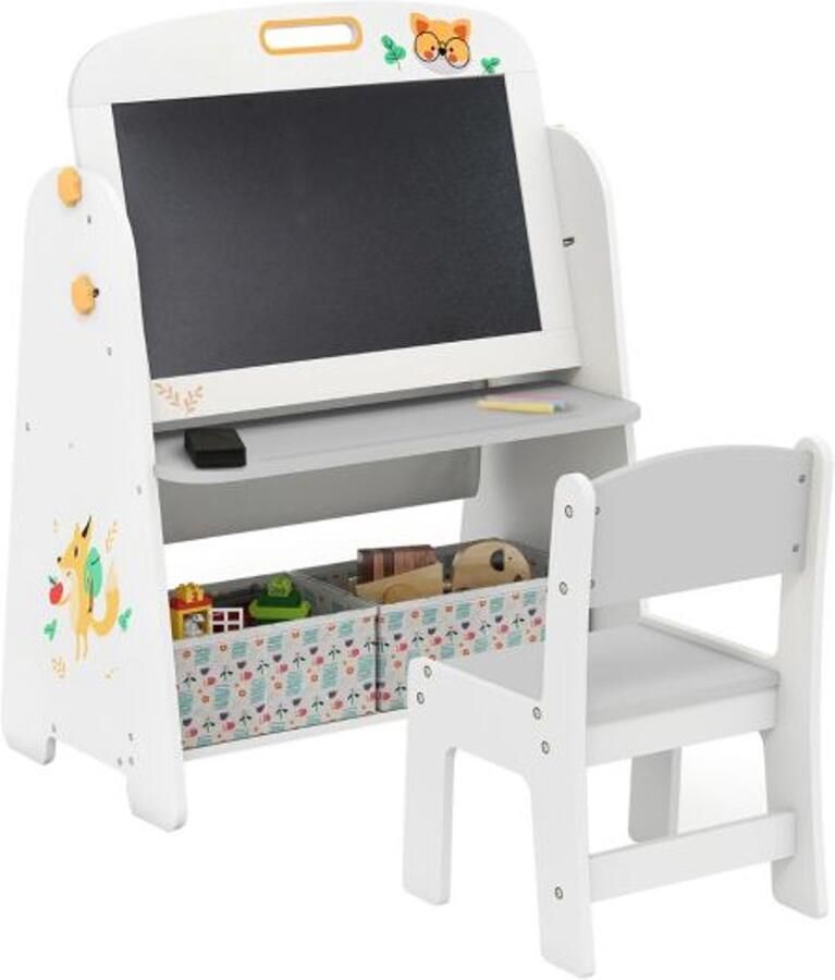 Kindertafel en Stoelenset 4-in-1 – Kunst-Ezel met Plank Magnetisch Whiteboard en Krijtbord Wit