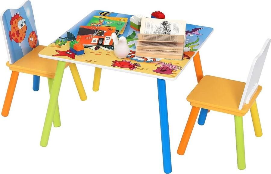 Rootz Living Rootz Kindertafel en stoelenset Kindermeubelset Studie- en activiteitentafel Duurzaam MDF en grenenhout Moedigt creativiteit aan Eenvoudige montage 60 cm x 60 cm x 44 cm tafel 26 8 cm x 26 8 cm x 50 cm stoel