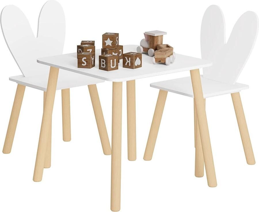 Rootz Living Rootz Kindertafel en stoelenset Kinderzitset Kindermeubels Tafel met 2 stoelen Rugleuning met konijnenoren MDF en massief hout 49 5 cm x 49 5 cm x 47 cm