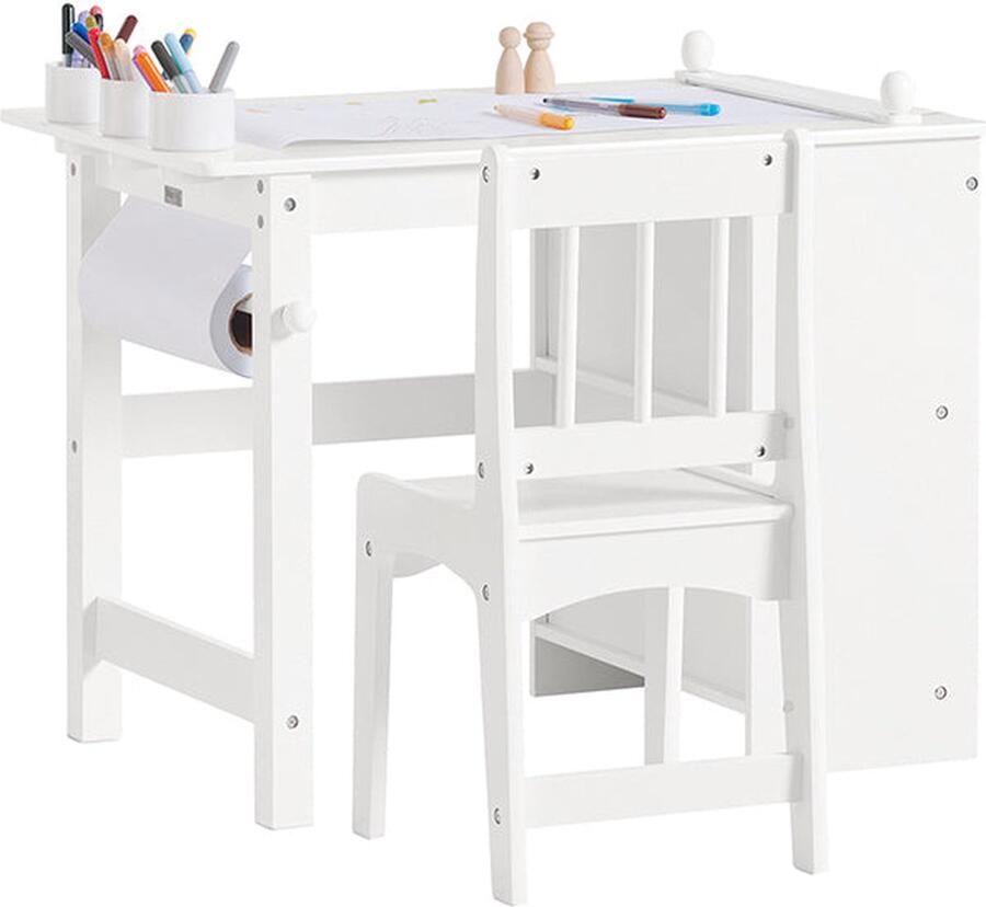 Rootz Living Rootz Kindertafel en stoelenset Studiebureau Activiteitentafel Duurzame constructie van MDF en grenen Opbergplanken Papierrolhouder Hoge rugleuning Afmetingen: tafel 80x65 5x54cm stoel 30x64x34 5cm