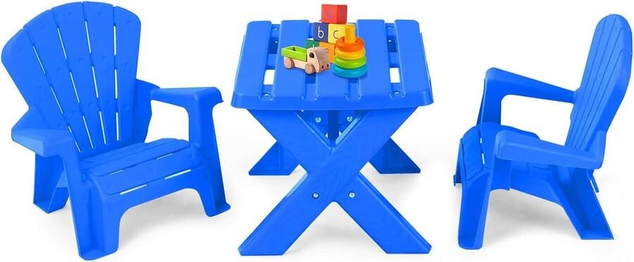 Kindertafel met 2 Adirondack-stoelen tafelstoelset voor peuters 3-delige kinderzitgroep voor de kleuterschool en kinderkamer voor jongens en meisjes vanaf 3 jaar (blauw)