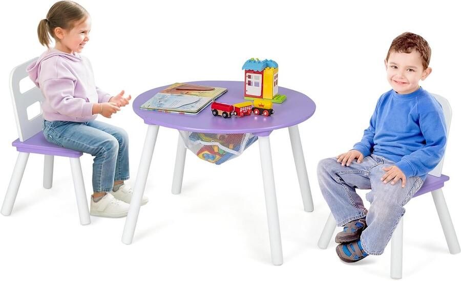 COSTWAY Kindertafel met 2 stoelen 3-delig. Houten zitgroep kinderzitgroep met afneembaar tafeldeksel & opbergzak kindermeubelset stapelbaar voor jongens meisjes (paars)