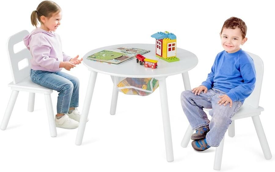 Kindertafel met 2 stoelen 3-delig. Houten zitgroep kinderzitgroep met afneembaar tafeldeksel en opbergzak kindermeubelset stapelbaar voor jongens meisjes (wit)