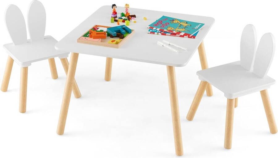Kindertafel met 2 stoelen 3-delig. Kinderzitgroep met massief houten poten en hazenoren rugleuning vierkante speeltafel kindermeubel kinderzitmeubel kinderzitgarnituur voor kinderen van