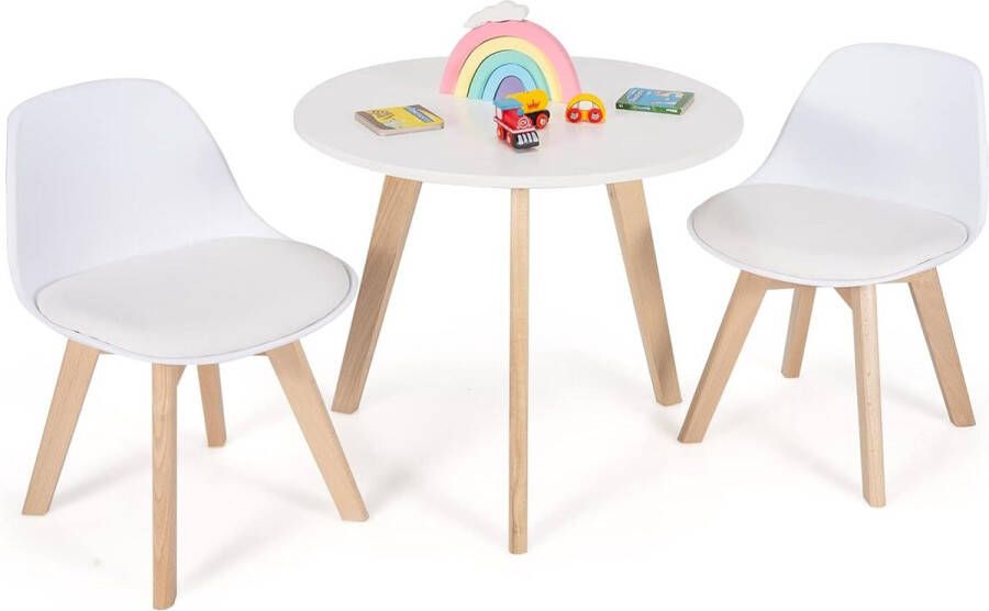 Kindertafel met 2 stoelen 3-delig. Kinderzitgroep met ronde tafel en 2 gevoerde stoelen activiteitentafel speeltafelset van beukenhout om te tekenen eten voor peuters van 3-8 jaar