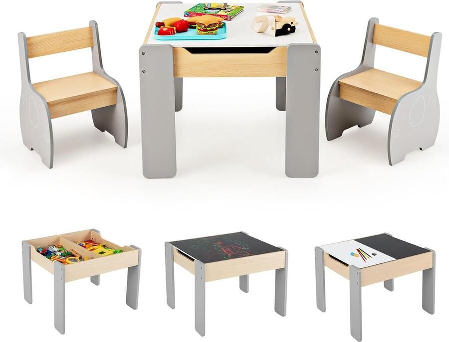 Kindertafel met 2 stoelen 3-delige houten kindermeubelset met omkeerbaar en afneembaar tafelblad kinderschildertafel met opbergruimte kindermeubelzitset