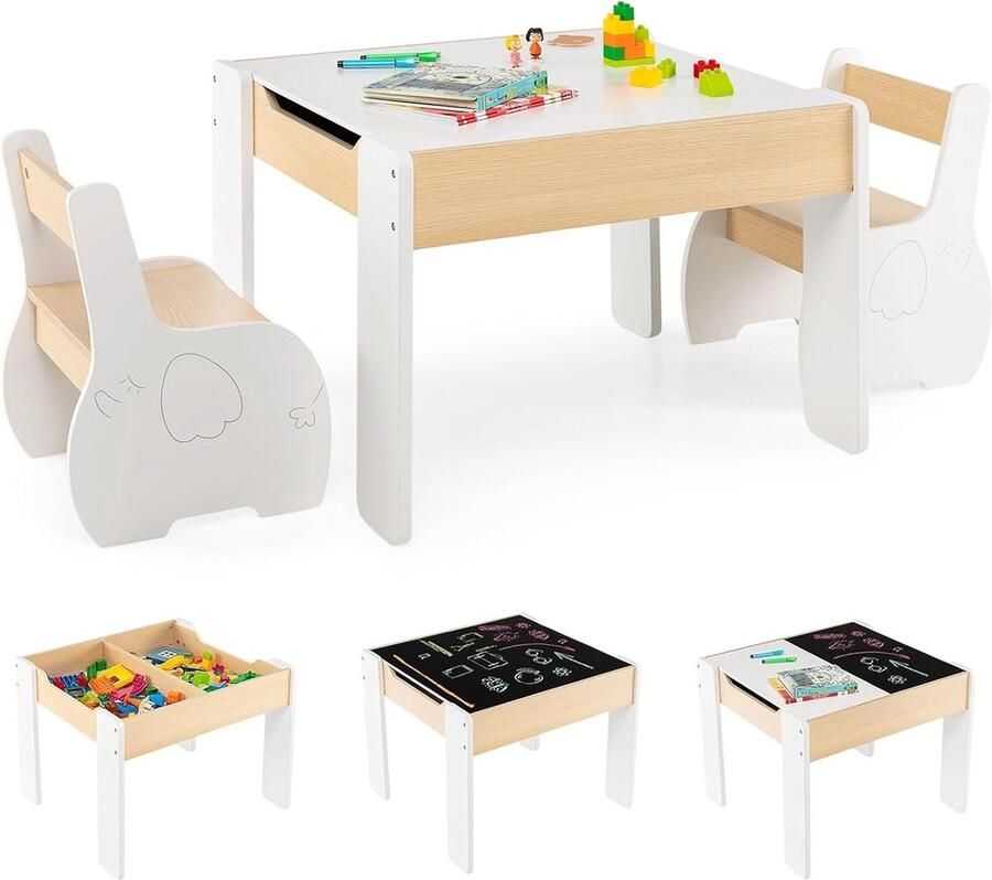Kindertafel met 2 stoelen 3-delige houten kindermeubelset met omkeerbaar en afneembaar tafelblad kinderschildertafel met opbergruimte kindermeubelzitset