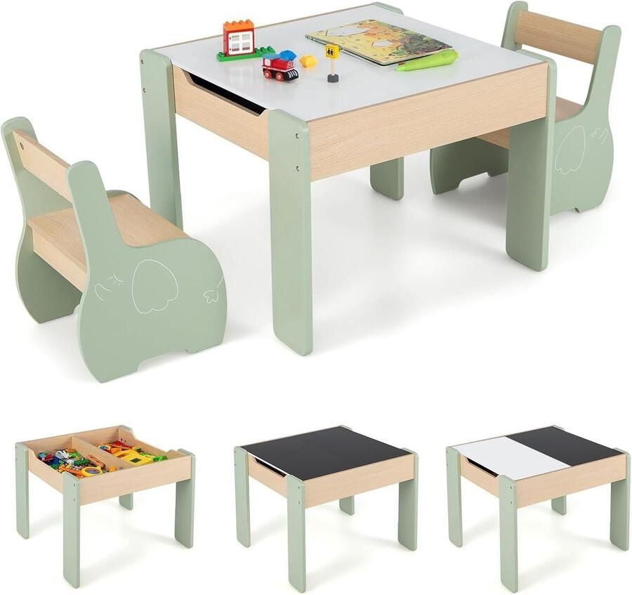 Kindertafel met 2 stoelen 3-delige houten kindermeubelset met omkeerbaar en afneembaar tafelblad kinderschildertafel met opbergruimte kindermeubelzitset