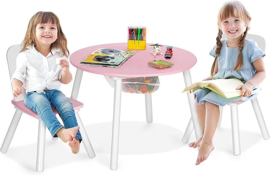 Kindertafel met 2 stoelen 3-delige houten kinderzitset met afneembaar tafeldeksel en opbergzak kindermeubelset stapelbaar voor jongens en meisjes (roze)