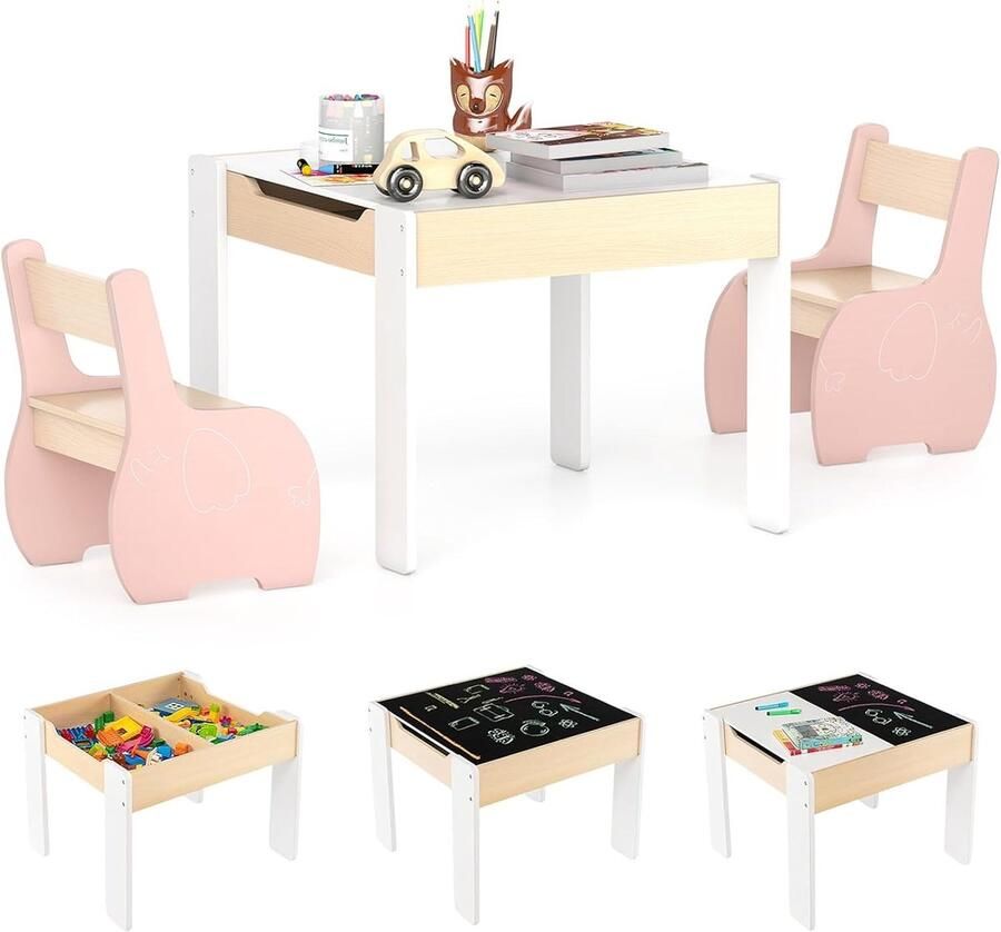 Kindertafel met 2 stoelen – 3-delige houten set met omkeerbaar en afneembaar tafelblad tekentafel met opbergruimte