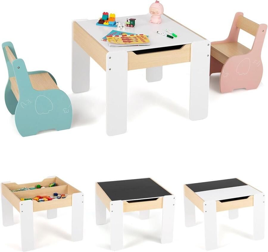 Kindertafel met 2 stoelen – 3-delige houten set met omkeerbaar en afneembaar tafelblad tekentafel met opbergruimte