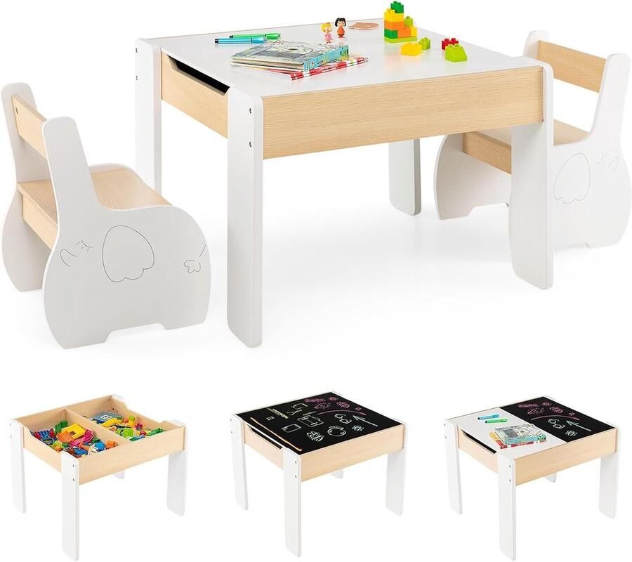 Kindertafel met 2 stoelen – 3-delige houten set met omkeerbaar en afneembaar tafelblad tekentafel met opbergruimte