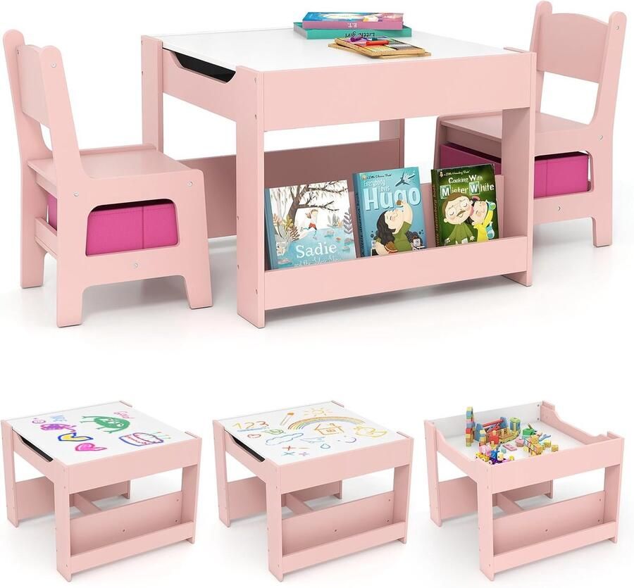 Kindertafel met 2 stoelen – 3-delige houten set met omkeerbaar tafelblad opbergbakken en boekenplanken 4-in-1 tekentafel vanaf 3 jaar