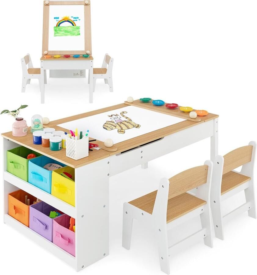 Kindertafel met 2 stoelen 3-in-1 houten activiteitentafel en ezel met opklapbaar blad met verfbekers 6 stoffen bakjes en papierrol kindermeubelset voor 3 jaar en ouder (natuurlijk)