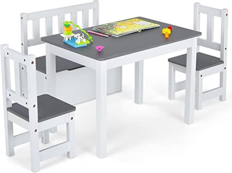 Kindertafel met 2 Stoelen en Opbergbank Houten Tafel voor Kinderen van 3-7 Jaar