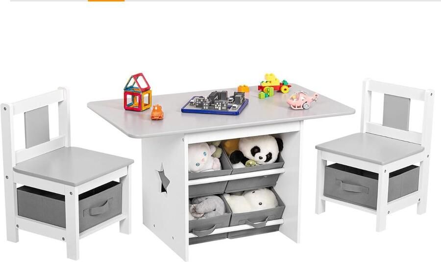 Kindertafel met 2 Stoelen en Opbergruimte 3-delige Kindersitzgroep voor Kinderkamer of Speelkamer Ideaal als Tekentafel voor Peuters en Kleuters (Grijs)