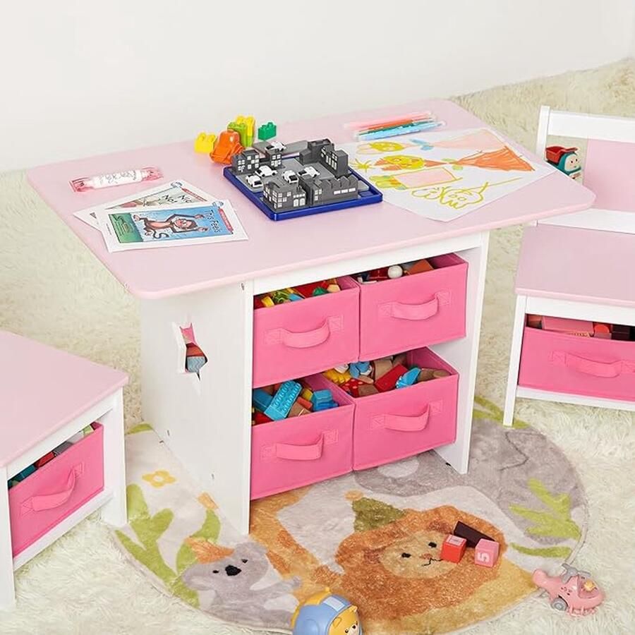 Kindertafel met 2 Stoelen en Opbergruimte 3-delige Kindersitzgroep voor Kinderkamer of Speelkamer Ideaal als Tekentafel voor Peuters en Kleuters (roze)