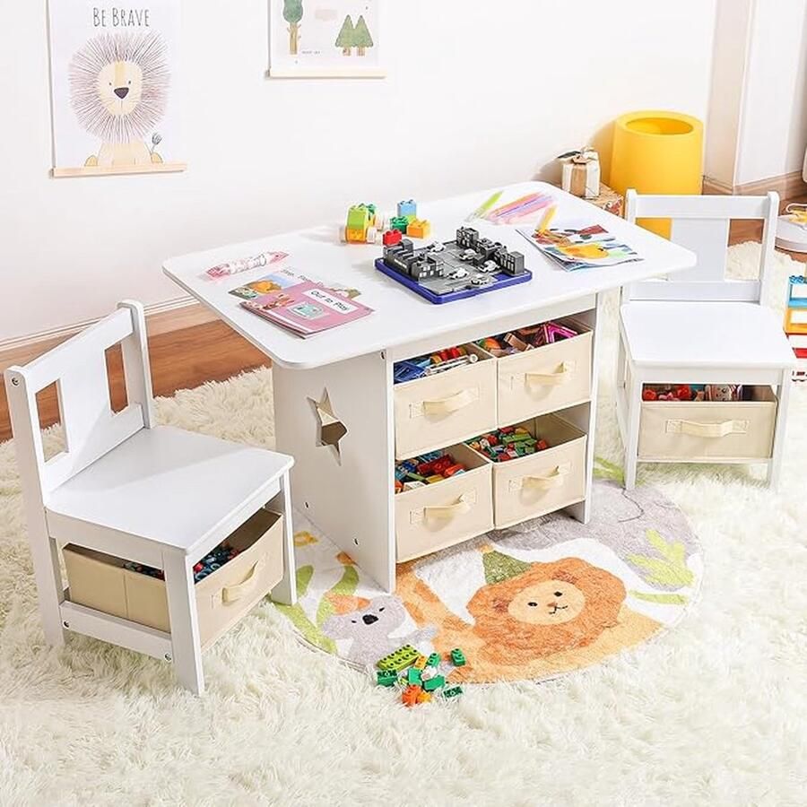 Kindertafel met 2 Stoelen en Opbergruimte 3-delige Kindersitzgroep voor Kinderkamer of Speelkamer Ideaal als Tekentafel voor Peuters en Kleuters (wit)