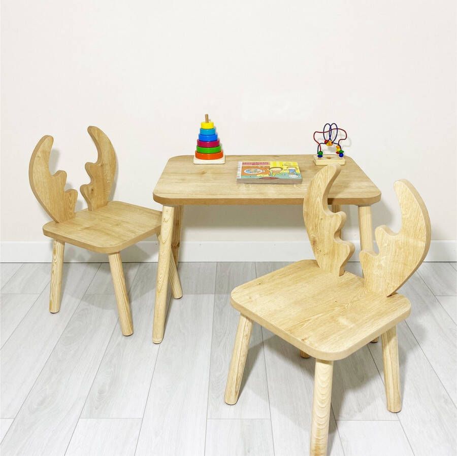 Eethoek set kinderen Kinderbureau Kinderstoelen Speeltafel Kindertafel met 2 Stoelen Hertentafel en stoelen met hertenoren Hoogwaardig hout - Foto 2