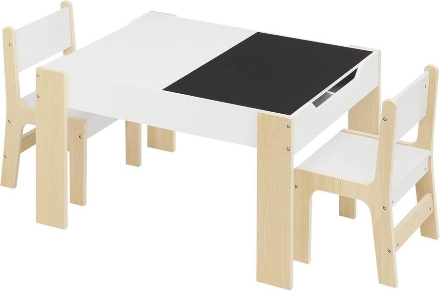 Kindertafel met 2 stoelen – houten tafel met opbergruimte wit en licht eiken multifunctioneel kinderset