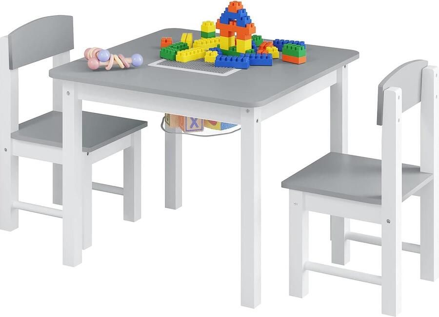 Kindertafel met 2 stoelen kinderzitgroep met opbergruimte zitgroep voor kinderkamers speeltafel met omkeerbare bouwplaat compatibel met grote bouwstenen witgrijs