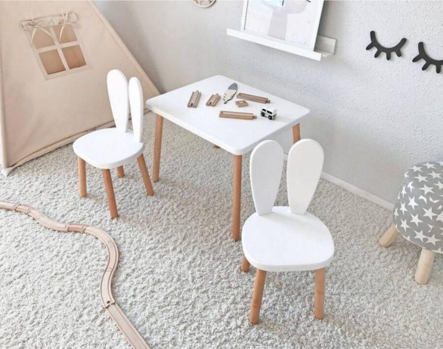 Eethoek set kinderen Kinderbureau Kinderstoelen Speeltafel Kindertafel met 2 Stoelen Konijn tafel en stoelen met konijnenoren Hoge kwaliteit houten - Foto 6