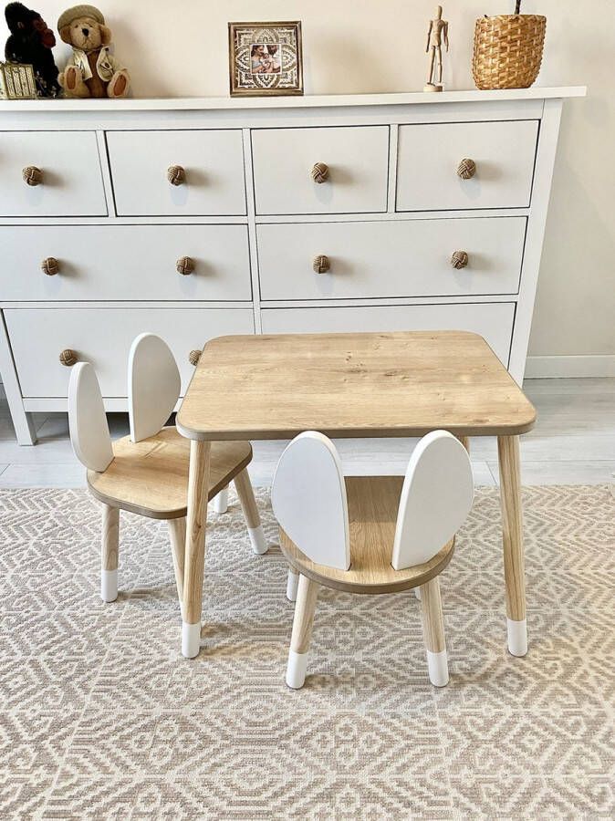 Eethoek set kinderen Kinderbureau Kinderstoelen Speeltafel Kindertafel met 2 Stoelen Konijn tafel en stoelen met konijnenoren Hoge kwaliteit houten - Foto 3